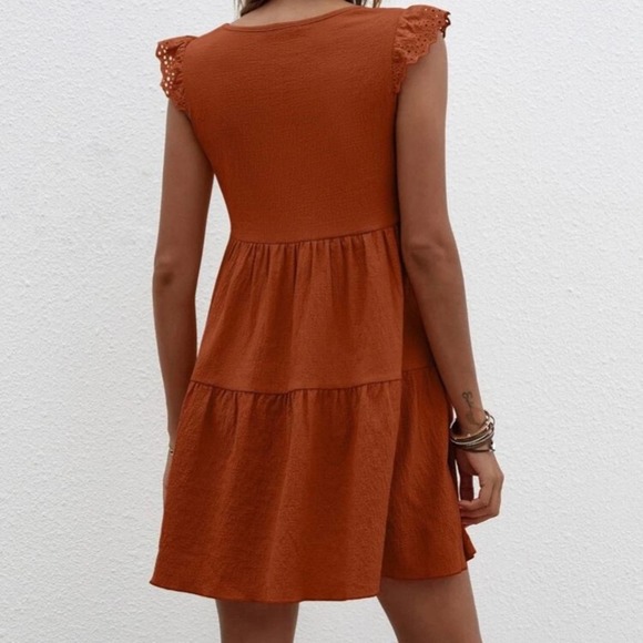 Terracotta eyelet embroidered cap sleeve V-neck high waist smock dress Sz S - Picture 4 of 12